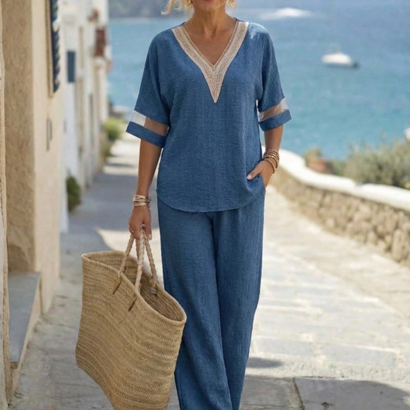 📢📢40% OFF !! ⏰Elegant V-Neck Top & Wide-Leg Pants Set