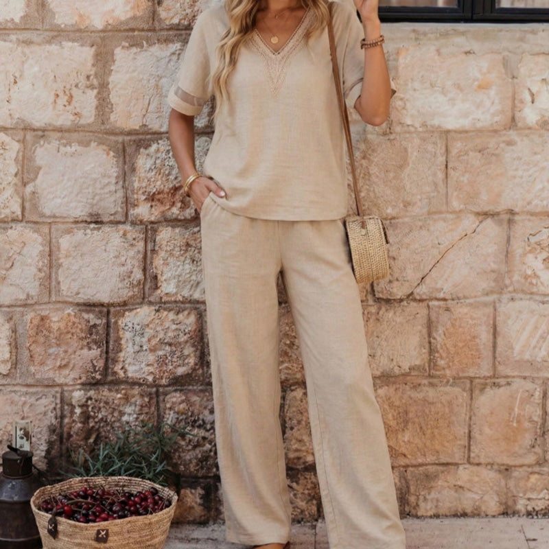 📢📢40% OFF !! ⏰Elegant V-Neck Top & Wide-Leg Pants Set