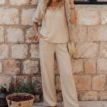 📢📢40% OFF !! ⏰Elegant V-Neck Top & Wide-Leg Pants Set