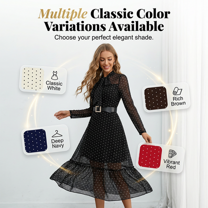 👗 50% OFF NOW!✨ Polka Dot Tie-Neck Midi Dress – Pearl Belt & A-Line – Elegant Vintage Party Dress 🥂