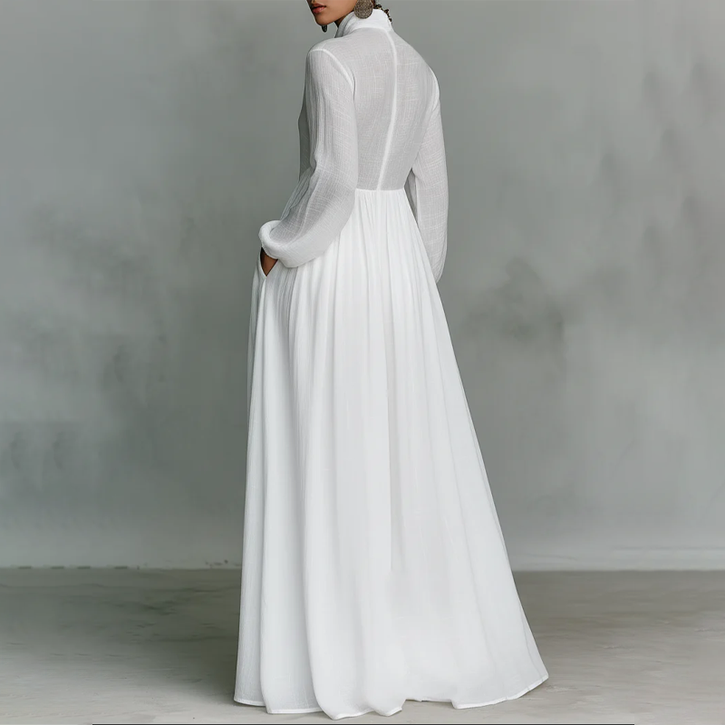 👗 50% OFF! ✨ Elegant Pleated White High-Neck Maxi Dress