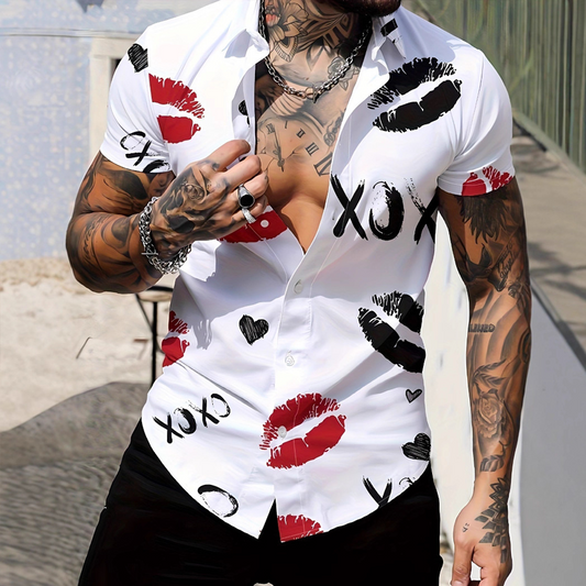 💋 50% OFF! ✨ Men's Kiss Print Button-Up Shirt – Playful, Lightweight, Vibrant 👔