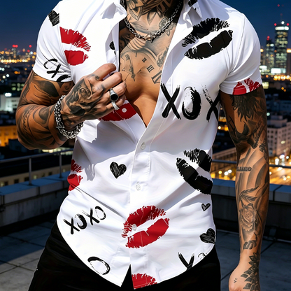 💋 50% OFF! ✨ Men's Kiss Print Button-Up Shirt – Playful, Lightweight, Vibrant 👔