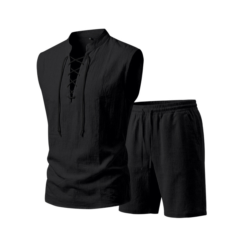 🧵  50% OFF! ✨ Men's Linen Sleeveless Set – Top & Shorts, Lace-Up, 7 Colors ☀️