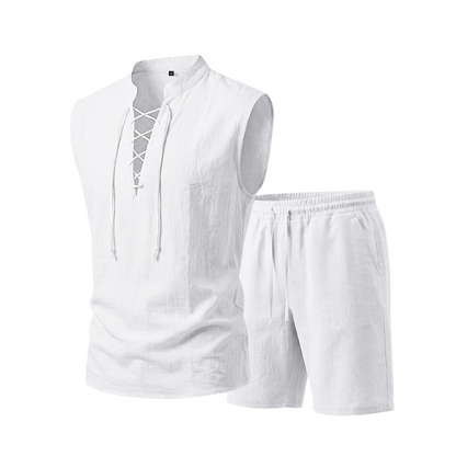 🧵  50% OFF! ✨ Men's Linen Sleeveless Set – Top & Shorts, Lace-Up, 7 Colors ☀️