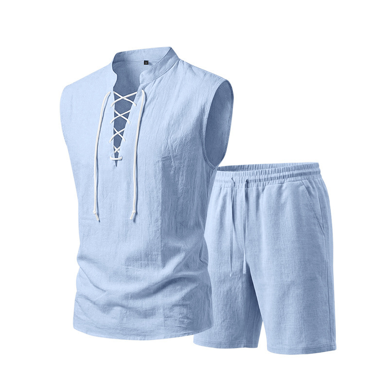 🧵  50% OFF! ✨ Men's Linen Sleeveless Set – Top & Shorts, Lace-Up, 7 Colors ☀️