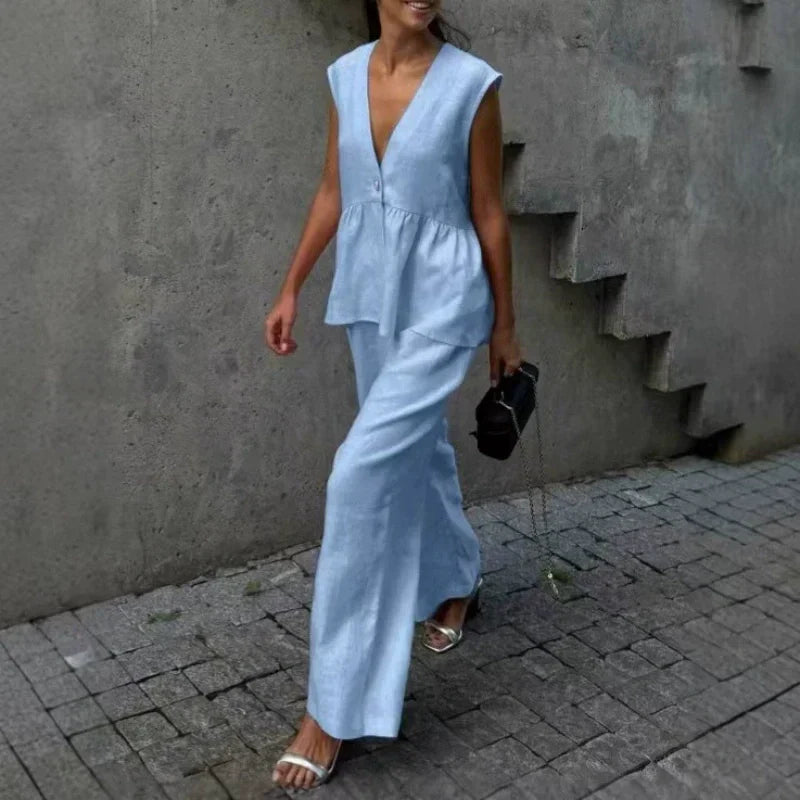 👚 50% OFF NOW! 👖 Solid Color V-Neck Sleeveless Top & Wide Leg Pants Two-Piece Set – Flowy, breathable & perfect for summer vacations or office chic 🌸