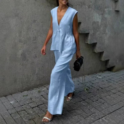 👚 50% OFF NOW! 👖 Solid Color V-Neck Sleeveless Top & Wide Leg Pants Two-Piece Set – Flowy, breathable & perfect for summer vacations or office chic 🌸
