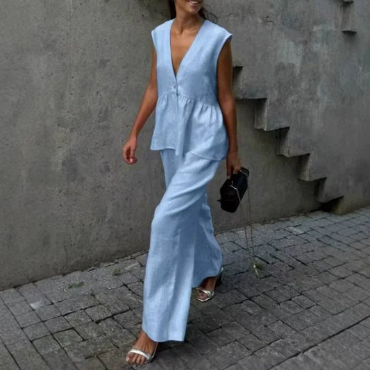 👚 50% OFF NOW! 👖 Solid Color V-Neck Sleeveless Top & Wide Leg Pants Two-Piece Set – Flowy, breathable & perfect for summer vacations or office chic 🌸