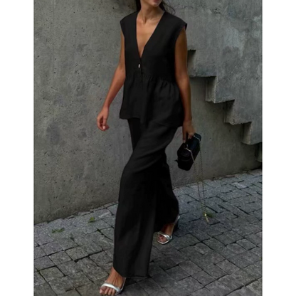 👚 50% OFF NOW! 👖 Solid Color V-Neck Sleeveless Top & Wide Leg Pants Two-Piece Set – Flowy, breathable & perfect for summer vacations or office chic 🌸