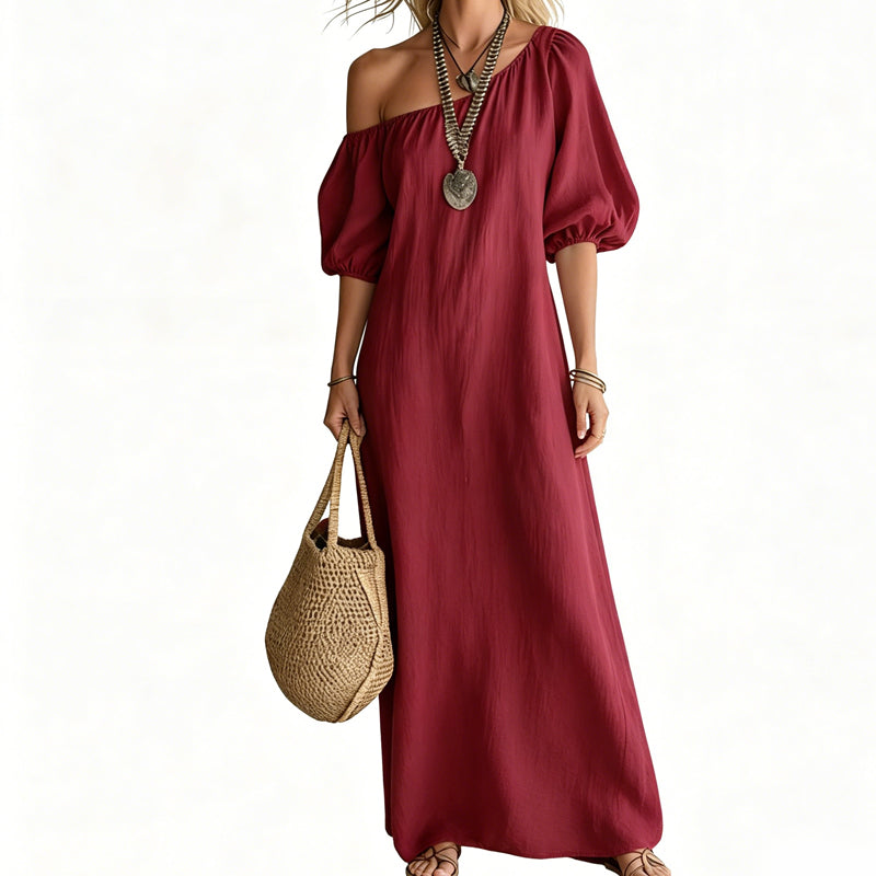 ⏰ 50% OFF✨Women's One-Shoulder Puff Sleeve Maxi Dress