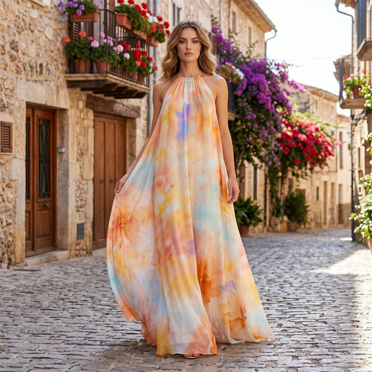 🎨 50% OFF! ✨ Watercolor Halter Maxi Dress – Backless, A-Line, Dreamy 🌟