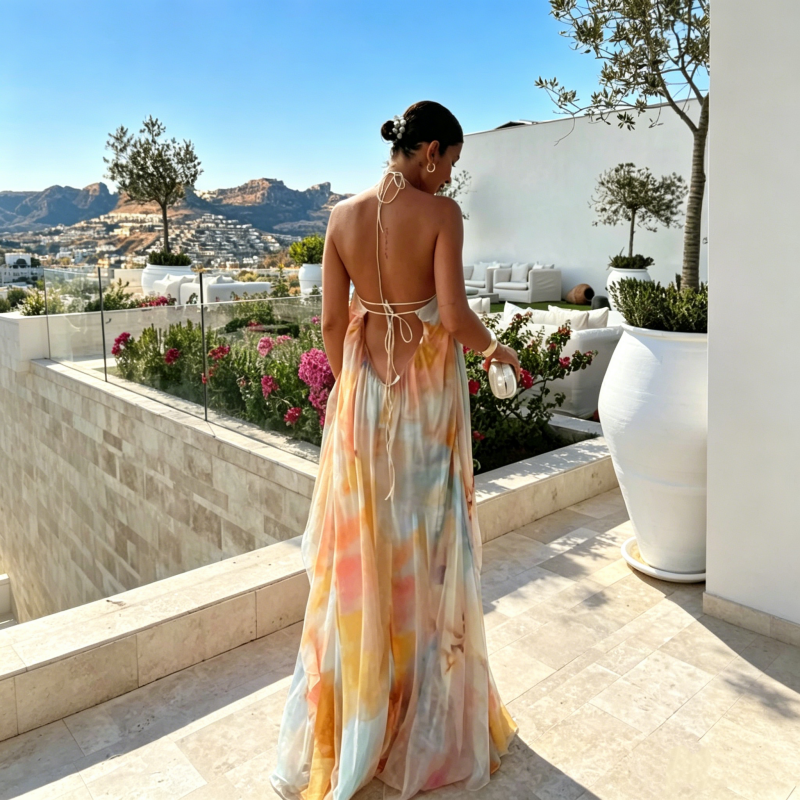 🎨 50% OFF! ✨ Watercolor Halter Maxi Dress – Backless, A-Line, Dreamy 🌟