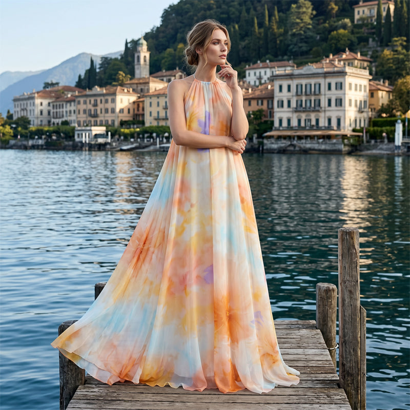 🎨 50% OFF! ✨ Watercolor Halter Maxi Dress – Backless, A-Line, Dreamy 🌟