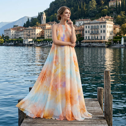 🎨 50% OFF! ✨ Watercolor Halter Maxi Dress – Backless, A-Line, Dreamy 🌟