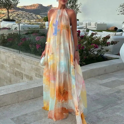 🎨 50% OFF! ✨ Watercolor Halter Maxi Dress – Backless, A-Line, Dreamy 🌟