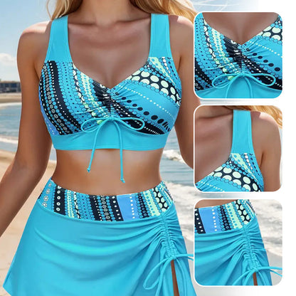👙 50% OFF🌊Women's V-Neck Drawstring Printed Three-Piece Swimsuit