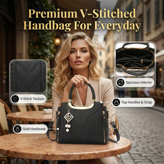 🔥50% off👜Women's V-Stitched Satchel – Gold Hardware, Multi-Compartment, Top-Handle 🌸