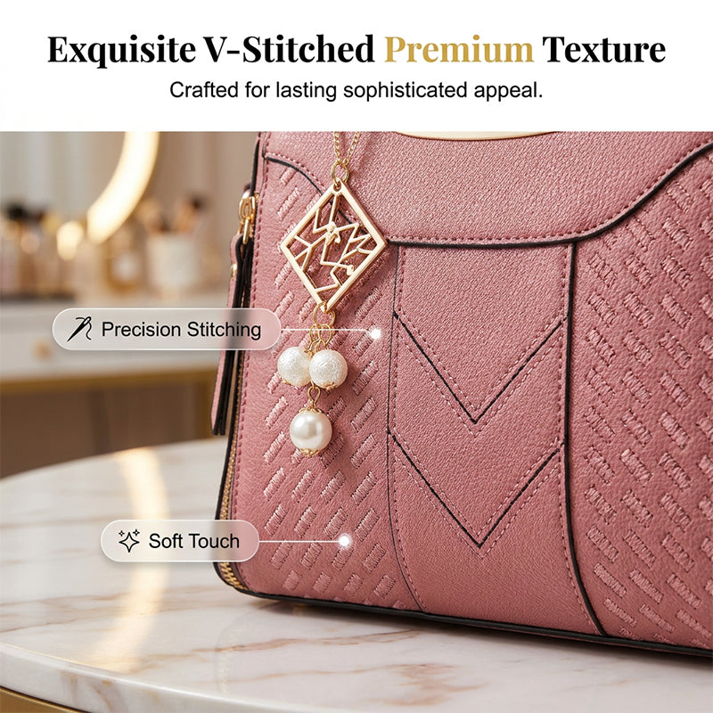 🔥50% off👜Women's V-Stitched Satchel – Gold Hardware, Multi-Compartment, Top-Handle 🌸