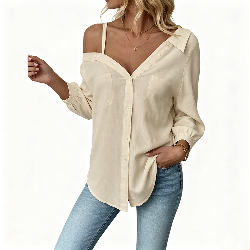 👚 50% OFF NOW! 🔥 Off-Shoulder Button-Up Top – Crinkle texture & relaxed fit – 5 colours, sizes S-XL – perfect for summer, beach or casual chic 🌊