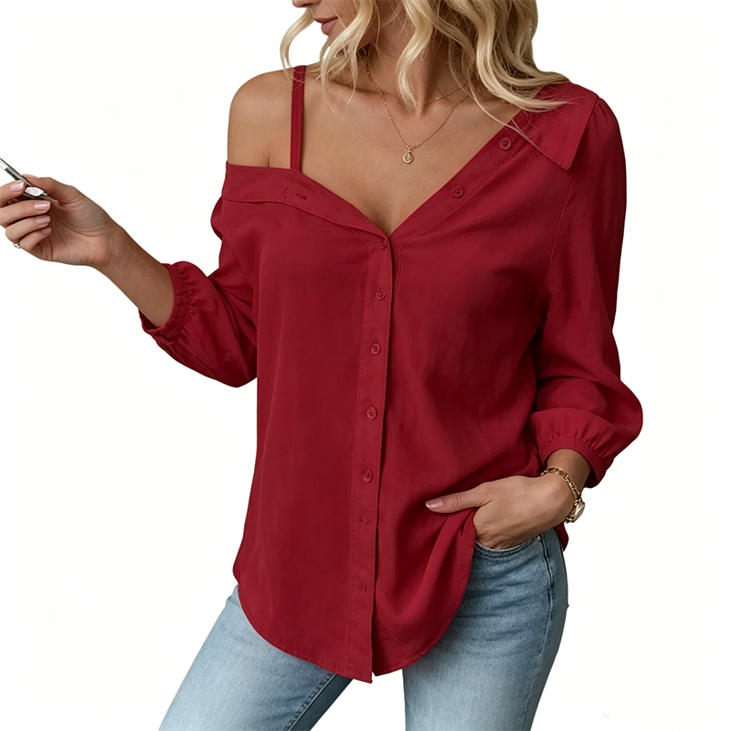 👚 50% OFF NOW! 🔥 Off-Shoulder Button-Up Top – Crinkle texture & relaxed fit – 5 colours, sizes S-XL – perfect for summer, beach or casual chic 🌊