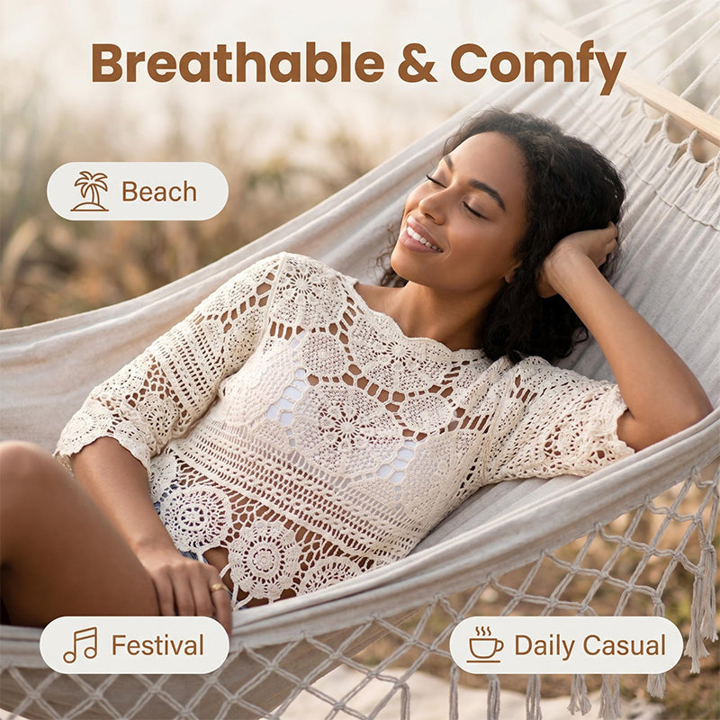 👚🌸 Bohemian Crochet Top – Hollow-Out + Fringe Hem | Breathable Cotton | Festival Ready 🎶✌️