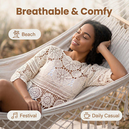 👚🌸 Bohemian Crochet Top – Hollow-Out + Fringe Hem | Breathable Cotton | Festival Ready 🎶✌️