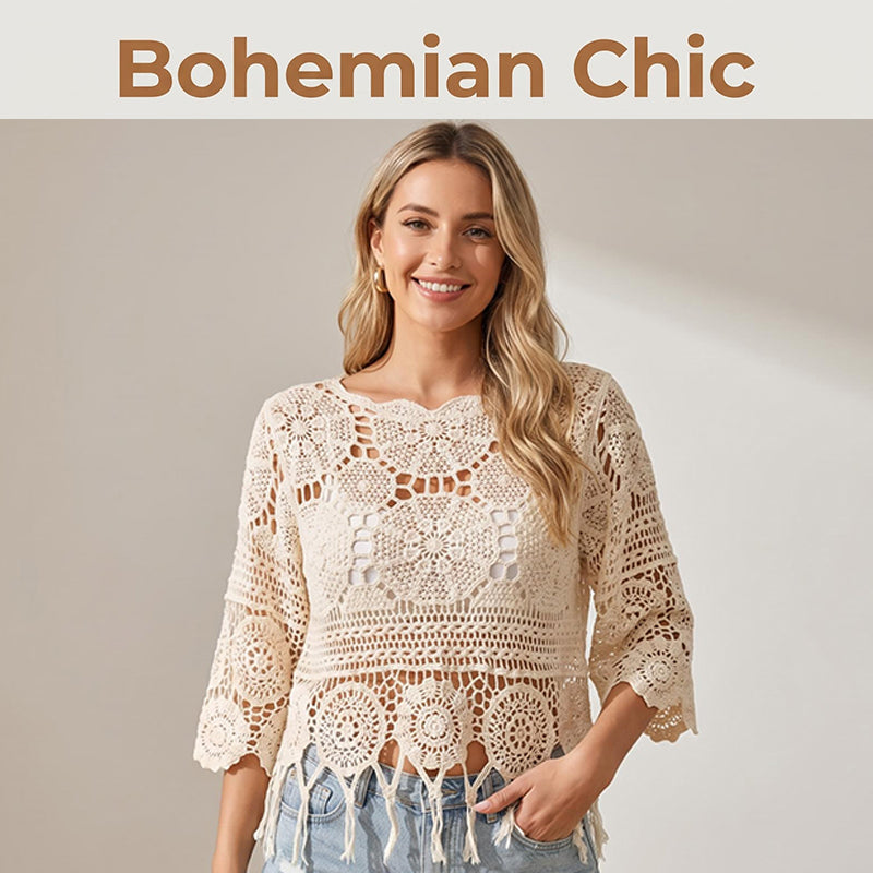 👚🌸 Bohemian Crochet Top – Hollow-Out + Fringe Hem | Breathable Cotton | Festival Ready 🎶✌️