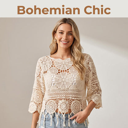 👚🌸 Bohemian Crochet Top – Hollow-Out + Fringe Hem | Breathable Cotton | Festival Ready 🎶✌️