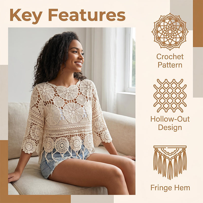 👚🌸 Bohemian Crochet Top – Hollow-Out + Fringe Hem | Breathable Cotton | Festival Ready 🎶✌️