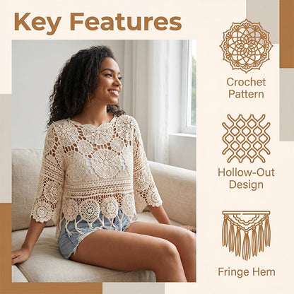 👚🌸 Bohemian Crochet Top – Hollow-Out + Fringe Hem | Breathable Cotton | Festival Ready 🎶✌️