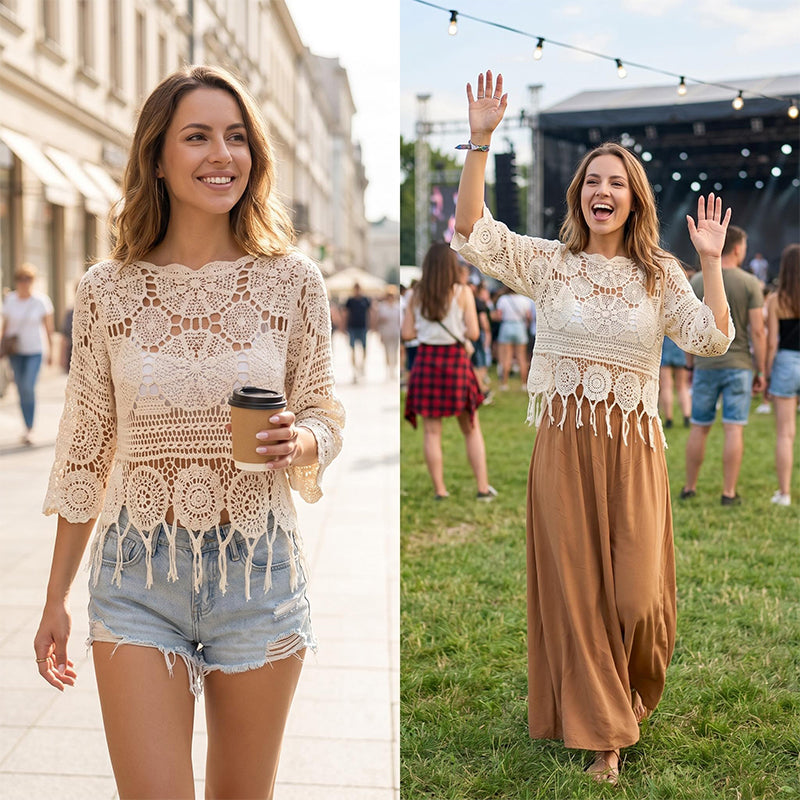 👚🌸 Bohemian Crochet Top – Hollow-Out + Fringe Hem | Breathable Cotton | Festival Ready 🎶✌️