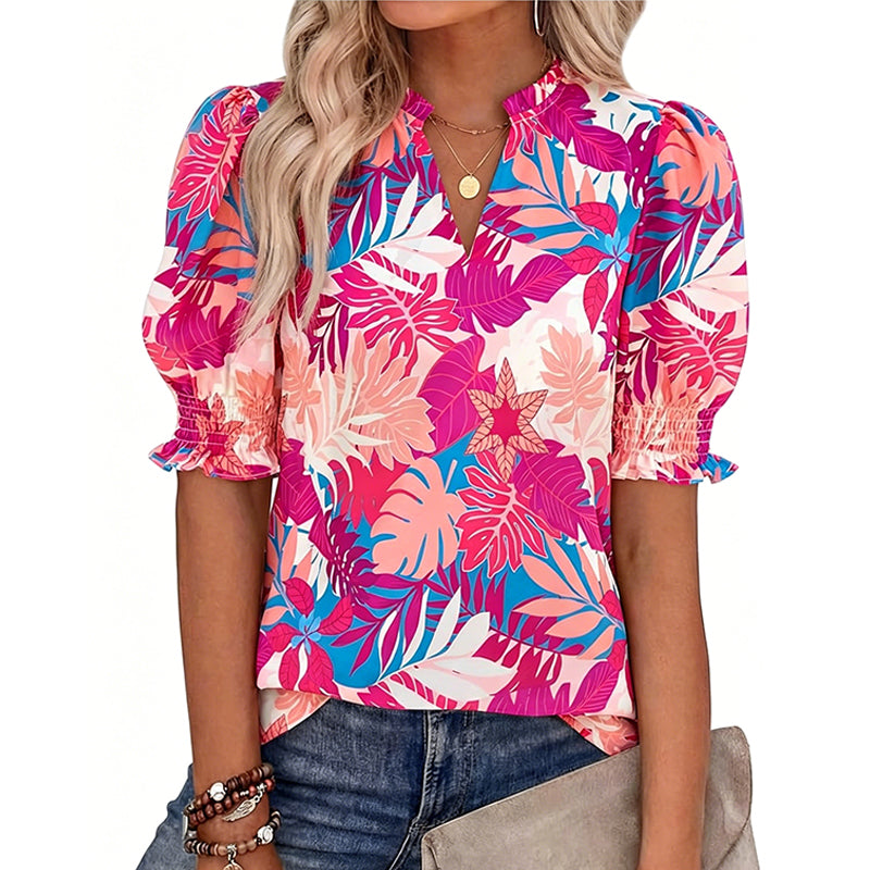 🌸 50% OFF NOW! 🌸Women's Boho V-Neck Puff Sleeve Blouse | Floral Print Dressy Casual Top for Office & Weekend Wear