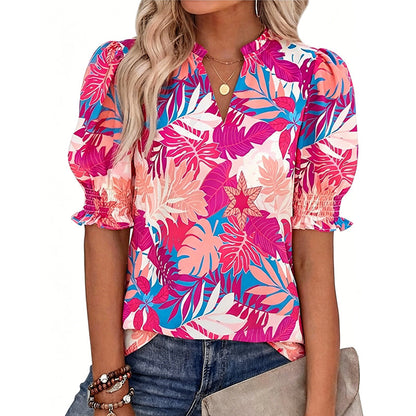 🌸 50% OFF NOW! 🌸Women's Boho V-Neck Puff Sleeve Blouse | Floral Print Dressy Casual Top for Office & Weekend Wear