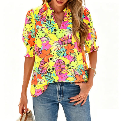 🌸 50% OFF NOW! 🌸Women's Boho V-Neck Puff Sleeve Blouse | Floral Print Dressy Casual Top for Office & Weekend Wear