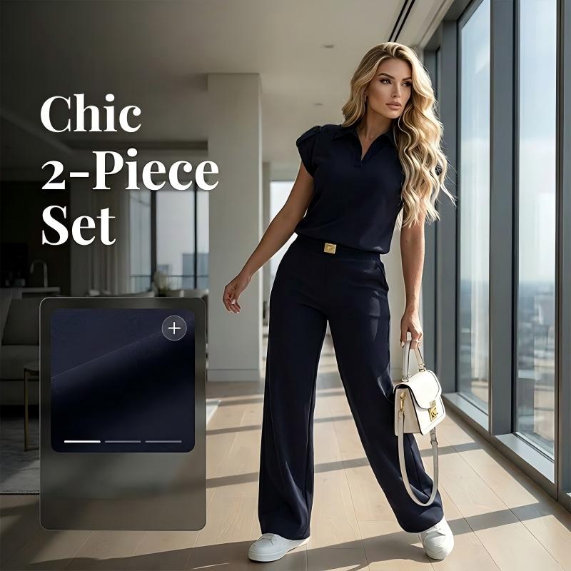👗 50% OFF! 💥 Women's Casual Top & Pants 2-Piece Set – Chic, Wide-Leg, Gold Accents ✨