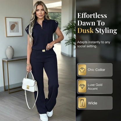 👗 50% OFF! 💥 Women's Casual Top & Pants 2-Piece Set – Chic, Wide-Leg, Gold Accents ✨