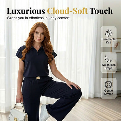 👗 50% OFF! 💥 Women's Casual Top & Pants 2-Piece Set – Chic, Wide-Leg, Gold Accents ✨