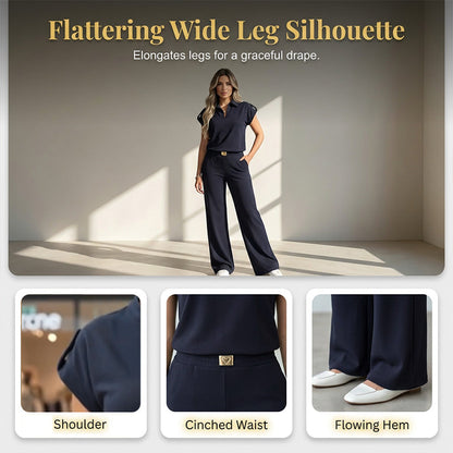 👗 50% OFF! 💥 Women's Casual Top & Pants 2-Piece Set – Chic, Wide-Leg, Gold Accents ✨