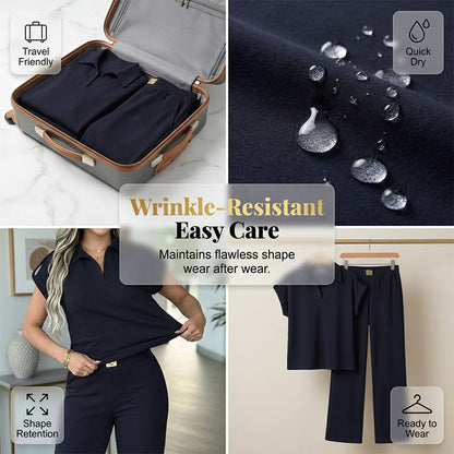 👗 50% OFF! 💥 Women's Casual Top & Pants 2-Piece Set – Chic, Wide-Leg, Gold Accents ✨