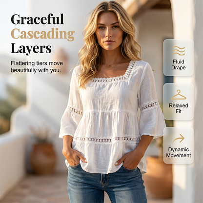 📢📢50% OFF !! ⏰Women's Boho Crochet Lace Blouse | Breathable Tiered Bell Sleeve Summer Top for Everyday Wear & Holidays✨