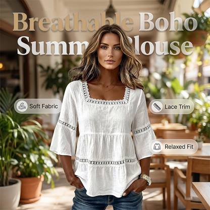 📢📢50% OFF !! ⏰Women's Boho Crochet Lace Blouse | Breathable Tiered Bell Sleeve Summer Top for Everyday Wear & Holidays✨