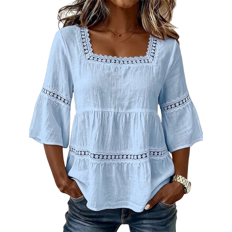 📢📢50% OFF !! ⏰Women's Boho Crochet Lace Blouse | Breathable Tiered Bell Sleeve Summer Top for Everyday Wear & Holidays✨
