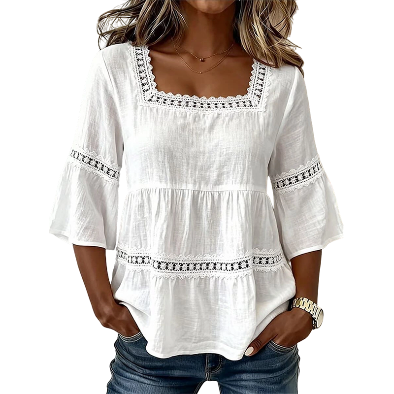 📢📢50% OFF !! ⏰Women's Boho Crochet Lace Blouse | Breathable Tiered Bell Sleeve Summer Top for Everyday Wear & Holidays✨