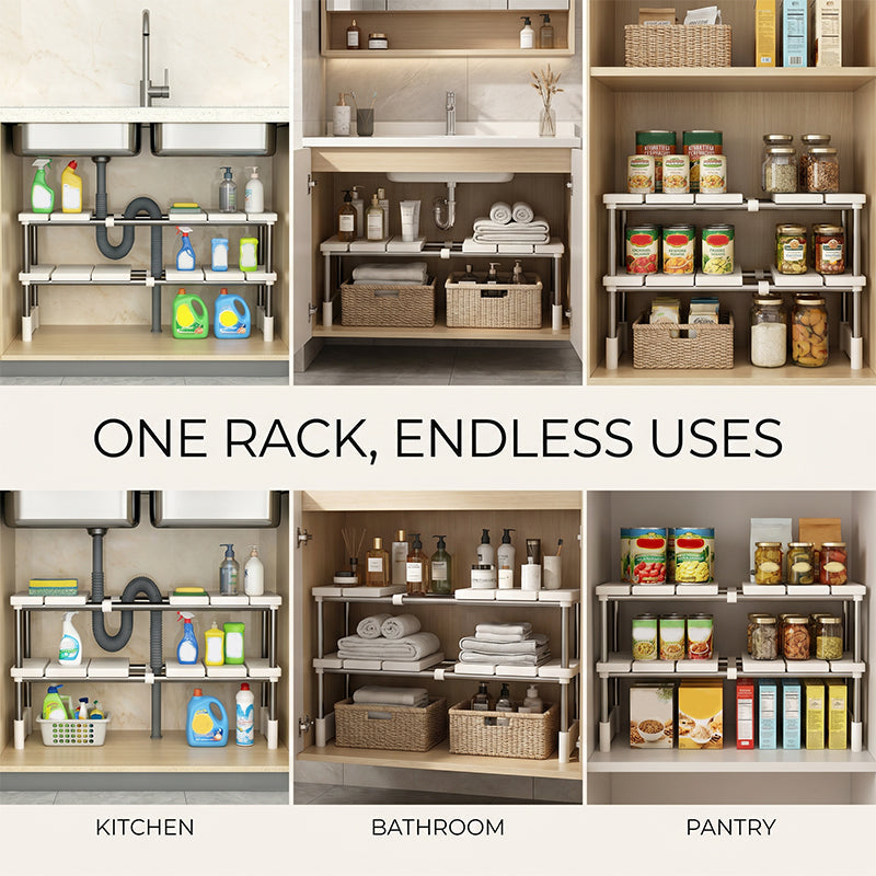 🧽 50% OFF NOW!🧽 Expandable Under Sink Shelf, Quick Drainage Design, Sturdy No-Wobble Structure💧 Effortless Sponge Brush Soap Organization, Clutter-Free Countertop。