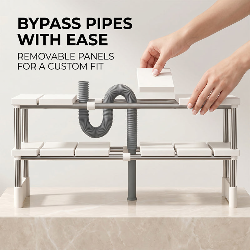 🧽 50% OFF NOW!🧽 Expandable Under Sink Shelf, Quick Drainage Design, Sturdy No-Wobble Structure💧 Effortless Sponge Brush Soap Organization, Clutter-Free Countertop。