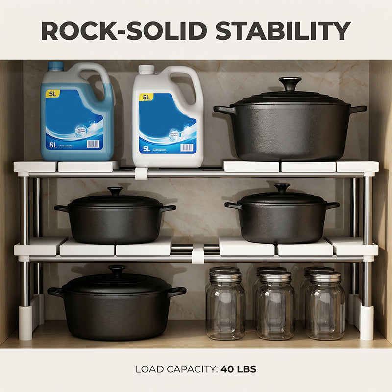 🧽 50% OFF NOW!🧽 Expandable Under Sink Shelf, Quick Drainage Design, Sturdy No-Wobble Structure💧 Effortless Sponge Brush Soap Organization, Clutter-Free Countertop。
