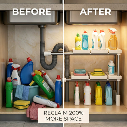 🧽 50% OFF NOW!🧽 Expandable Under Sink Shelf, Quick Drainage Design, Sturdy No-Wobble Structure💧 Effortless Sponge Brush Soap Organization, Clutter-Free Countertop。