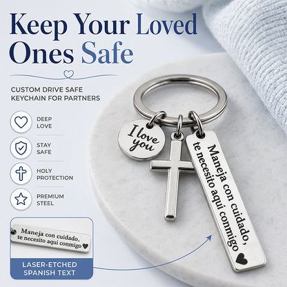 ⏳Time-Limited Special buy 1 get 1 free！⏰Stainless Steel Cross Keychain – ‘Drive Safe’ Blessing❤️🙏