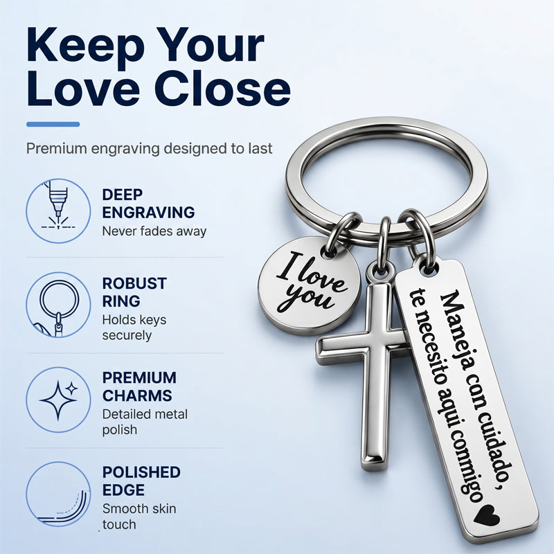 ⏳Time-Limited Special buy 1 get 1 free！⏰Stainless Steel Cross Keychain – ‘Drive Safe’ Blessing❤️🙏